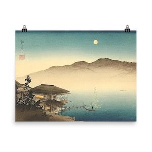 Impresión artística "Lakeside Inn Moonlit Scene" de Koho Shoda: decoración de pared de estética japonesa vintage, póster único
