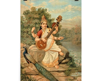 Sarasvati with Her Sitar and Peacock by Ravi Varma Poster Print