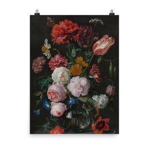 Impresión de póster floral de Jan Davidsz de Heem: impresionante jarrón de vidrio con naturaleza muerta para una elegante decoración de pared.