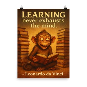 Poster con citazione ispiratrice di Leonardo da Vinci, stampa multicolore, decorazione motivazionale, libri sulla scimmia curiosa
