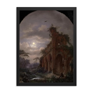 Monk Meditating near Ruins by Moonlight Framed Art Print | Kruseman 1862 Masterpiece Wall Decor | Serene Night Landscape Gift
