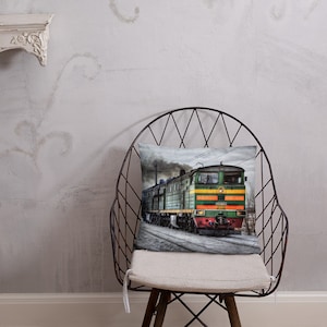 Vintage Train in a Snowy Winter Landscape - Throw Pillow