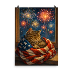 Gemütliche Tabby Katze 4. Juli Poster-Druck - Amerikanische Flagge Decke & Feuerwerk Wandkunst für Katzenliebhaber