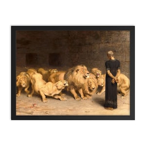 Impresión enmarcada de Daniel en el foso de los leones: Arte mural bíblico victoriano de Briton Riviere