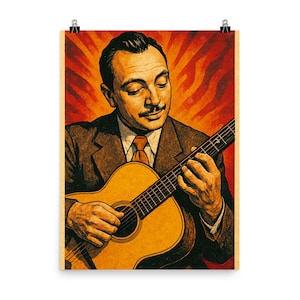 Póster vintage de jazz de Django Reinhardt: arte mural icónico de un guitarrista para amantes de la música, decoración elegante para el hogar.