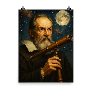 Galileo Astronom Kunstdruck | Einzigartiges Vintage Style Wandbild | Dekor des Wissenschaftsliebhabers | Himmlischer Hauptakzent