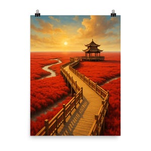 Roter Strand Panjin China Poster Druck Einzigartige Küsten Wandkunst Natur Dekor Lebendige Rote Landschaft Fotografie