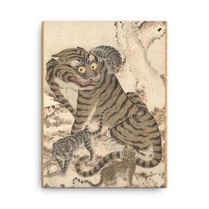 Korean Tiger Family Canvas Print – Vintage 1800s Art, Unique Asian Wall Decor, Historical Korean Animal Artwork