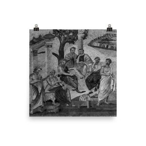 Impresión del cartel del mosaico de Pompeya de la Academia de Platón (blanco y negro)