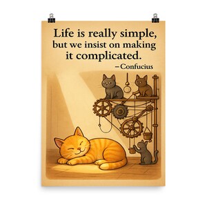 Póster de Gato Sereno - Cita de Confucio "La Vida Es Sencilla" - Arte de Pared Rayo de Sol para una Decoración Tranquila del Hogar