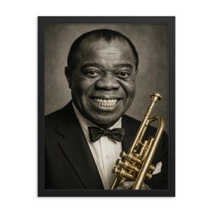 Louis Armstrong Framed Portrait Wall Art – Unique Jazz Legend Print, Vintage Music Decor, Gift for Musicians, Ready to Hang Statement Piece