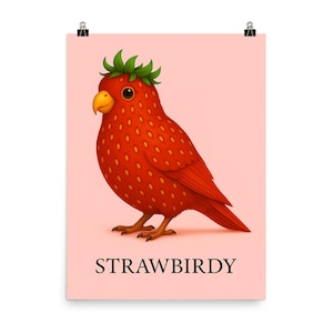 Lámina artística de Strawbirdy: Póster único de pájaro fresa / Arte mural vibrante para la decoración del hogar / Ilustración de naturaleza caprichosa
