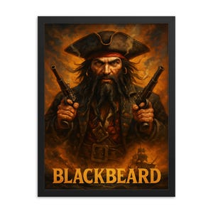 Blackbeard Pirate Framed Print | Nautical Wall Art Decor | Vintage Maritime Illustration | Unique Gift for History Lovers | Ready to Hang
