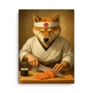 Shiba Inu Sushi Chef Canvas Art: Zen Japanese Kitchen Decor