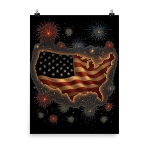 Drapeau américain carte Silhouette affiche impression - art mural feux d'artifice rayures ondulantes pour décoration 4 juillet