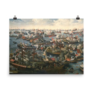 Impressão de pôster da Batalha de Lepanto de 1572 | Arte de parede histórica HLetter | Obra-prima marítima renascentista para decoração de casa