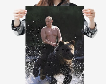 Vladimir Putin Poster - Funny Putin Riding a Bear Meme Print