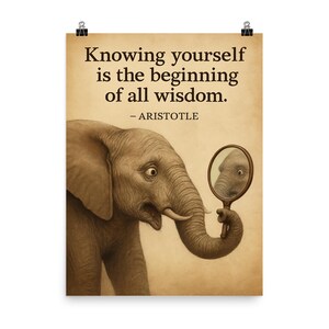 Aristotle Wisdom Poster: Elephant Reflection - Know Yourself Inspirational Wall Art Print, Motivational Home Decor