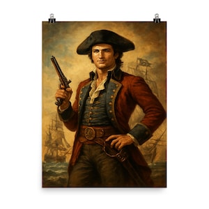 Affiche pirate vintage Jean Lafitte | Décoration d'art murale historique unique | Style maison d'aventure nautique