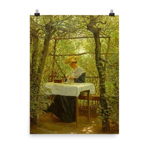 Póster de una joven bordando en un jardín / Arte mural de Karl Broge / Decoración serena de un jardín victoriano