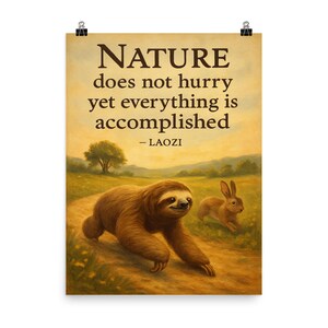 Impresión de pared inspiradora con la sabiduría de la pereza y el conejo, póster con cita de Laozi, decoración serena para el hogar, inspirador y motivador.