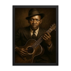 Framed Robert Johnson Portrait: Blues Legend Archival Print on Samba Wood