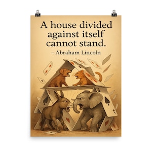 Cartaz com citação de Abraham Lincoln | Cartas de baralho "Casa Dividida" | Arte de parede inspiradora com animais discutindo