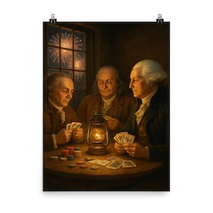 Founding Fathers Poker Night poster - Washington, Franklin, Adams muurkunst | Historische kaarten en vuurwerkdecor