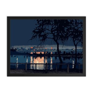 Framed Japanese Woodblock Print: Shinobazu Pond Night Landscape