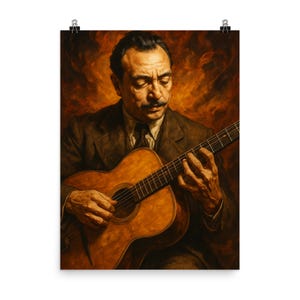 Arte mural de Django Reinhardt: póster con retrato vibrante de una leyenda del jazz. Decoración única para el hogar o el estudio.