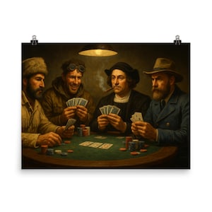 Impresión de arte mural de póker de exploradores icónicos / Póster vintage único / Decoración para una noche de juegos con personajes históricos