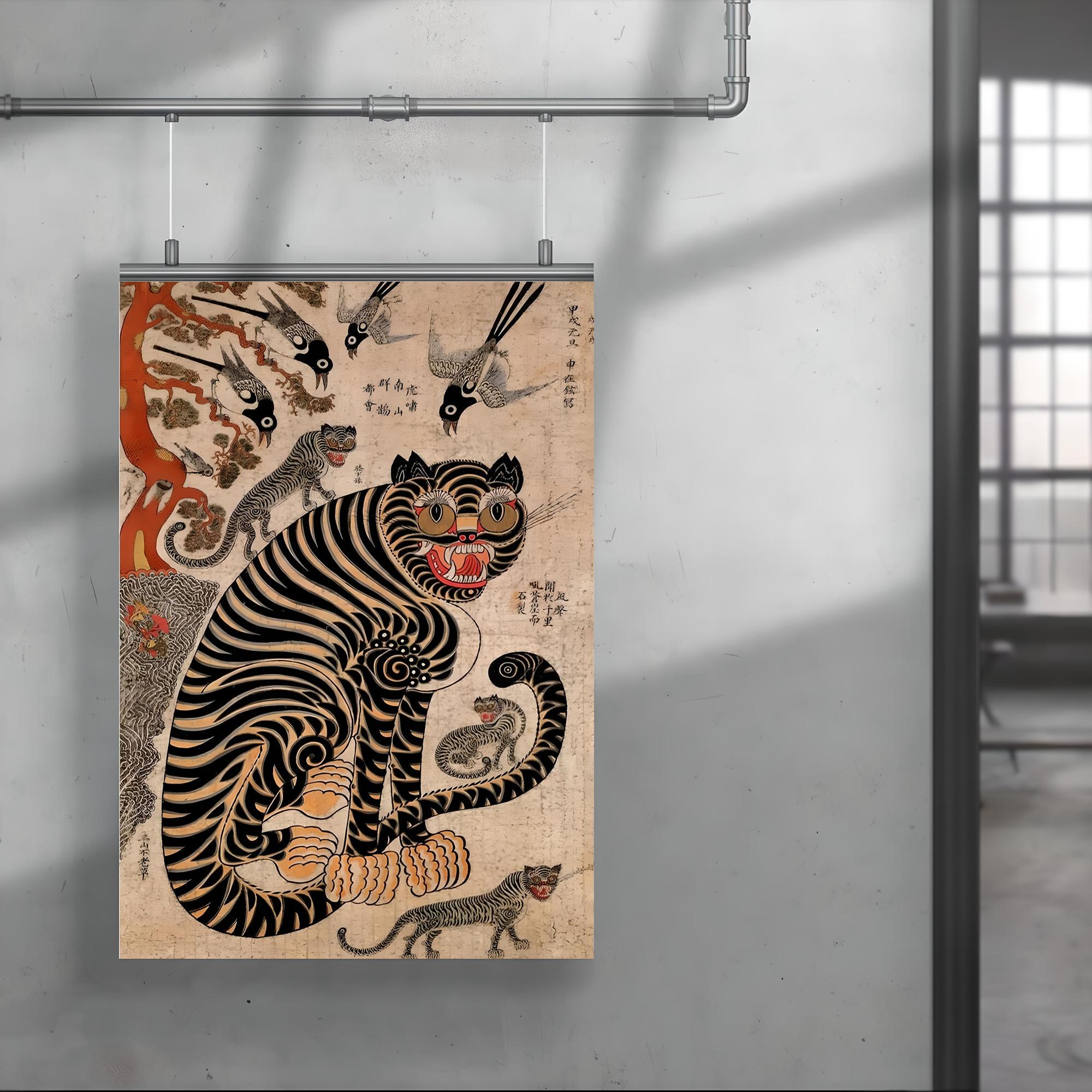 韓国の民話風の虎とカササギのヴィンテージ版画：民話風の壁画 - Etsy 日本