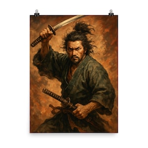 Samurai Legend Miyamoto Musashi Poster Print - Unique Historical Wall Art Decor for Samurai Enthusiasts and Collectors