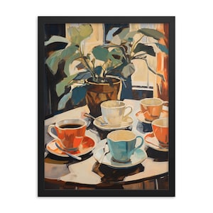 Vintage Teacups & Plant Framed Art: Minimalist Coffee Kitchen Decor