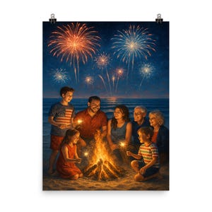 Family Beach Bonfire 4. Juli Poster Print - Kids Wunderkerzen & Feuerwerk Reflections Ocean Wand Kunst Dekor