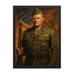 Chesty Puller USMC Framed Print – Vintage Marine Corps Wall Art, Military Decor Gift, Heroic Home Office Decor, Ready to Hang