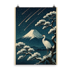 Fuji Berg Meteorschauer Poster Druck - Japanische Nachtlandschaft Holzschnitt mit Kranich auf Schnee Zweig Wanddekoration