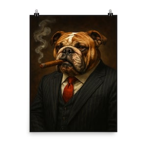 English Bulldog Wall Art - Classy Pinstripe Suit & Cigar Poster Print - Unique Novelty Home Decor for Dog Lovers