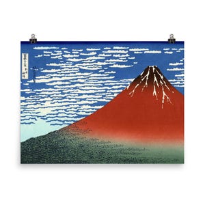 Hokusai Red Fuji Poster Print Fine Wind Clear Morning Japanese Art Wall Decor Unique Coastal Home Aesthetic