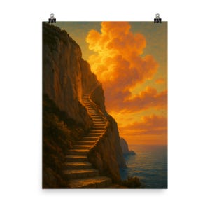 Capri Klippe Sonnenuntergang Treppe Poster | Leuchtende Parrish Töne Wandkunst | Einzigartige leuchtende Landschaftsdekoration