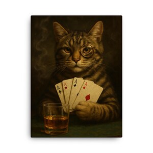 Impression sur toile Cat Poker – Art mural chat monocle, décoration Speakeasy fumé, oeuvre d'art unique pour la salle de jeux du bar à whisky