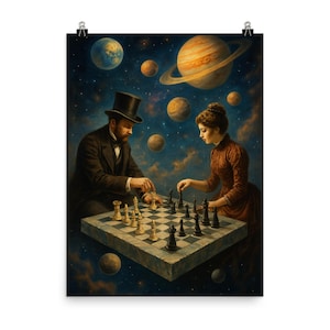 Surreal Cosmic Chess Poster Print Victorian Era Players Drifting Marble Board Unique Space Wall Art Decor