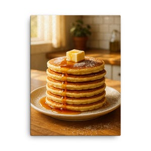 Amerikanische Pfannkuchen Leinwanddruck - Butter & Ahornsirup Küchenwandkunst, Sonniges Sonntagsfrühstück, gemütliches Geschenk für Feinschmecker