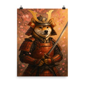 Shiba Inu Samurai Poster: Katana Art Print with Cherry Blossoms