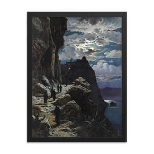 Framed Monks Walk to Athos Print by Hermann Corrodi: Vintage Greek Monastery Art