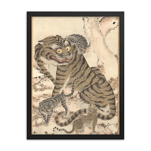 Korean Tiger Family Art Framed Print | 1800s Antique Wall Decor | Unique Vintage Korean Wildlife Home Gift | Historic Asian Art Wall Hanging