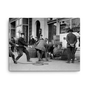 Prohibition Era Police Raid Canvas Print – 1923 Bootleg Liquor Speakeasy Wall Art, Vintage Crime Decor