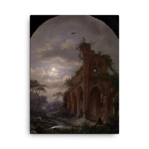 Monk Meditating by Moonlight Canvas Print – Kruseman 1862 Ruins Wall Art, Mystical Vintage Home Decor
