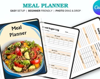 Puede incluir: Un planificador de comidas digital con una imagen colorida de una comida, un registro de azúcar en sangre y un diario de alimentos diario. El planificador de comidas incluye el texto "Meal Planner" y "Easy Setup | Beginner Friendly | Photo Drag & Drop". El logo de Canva está en la esquina superior derecha.