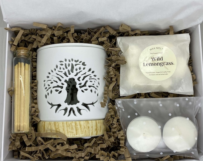 Ceramic Oil Burner & Wax Melt Gift Box - Wild Lemongrass Wax Melts - 100% Natural - Hand Poured - Vegan Friendly - Cruelty Free